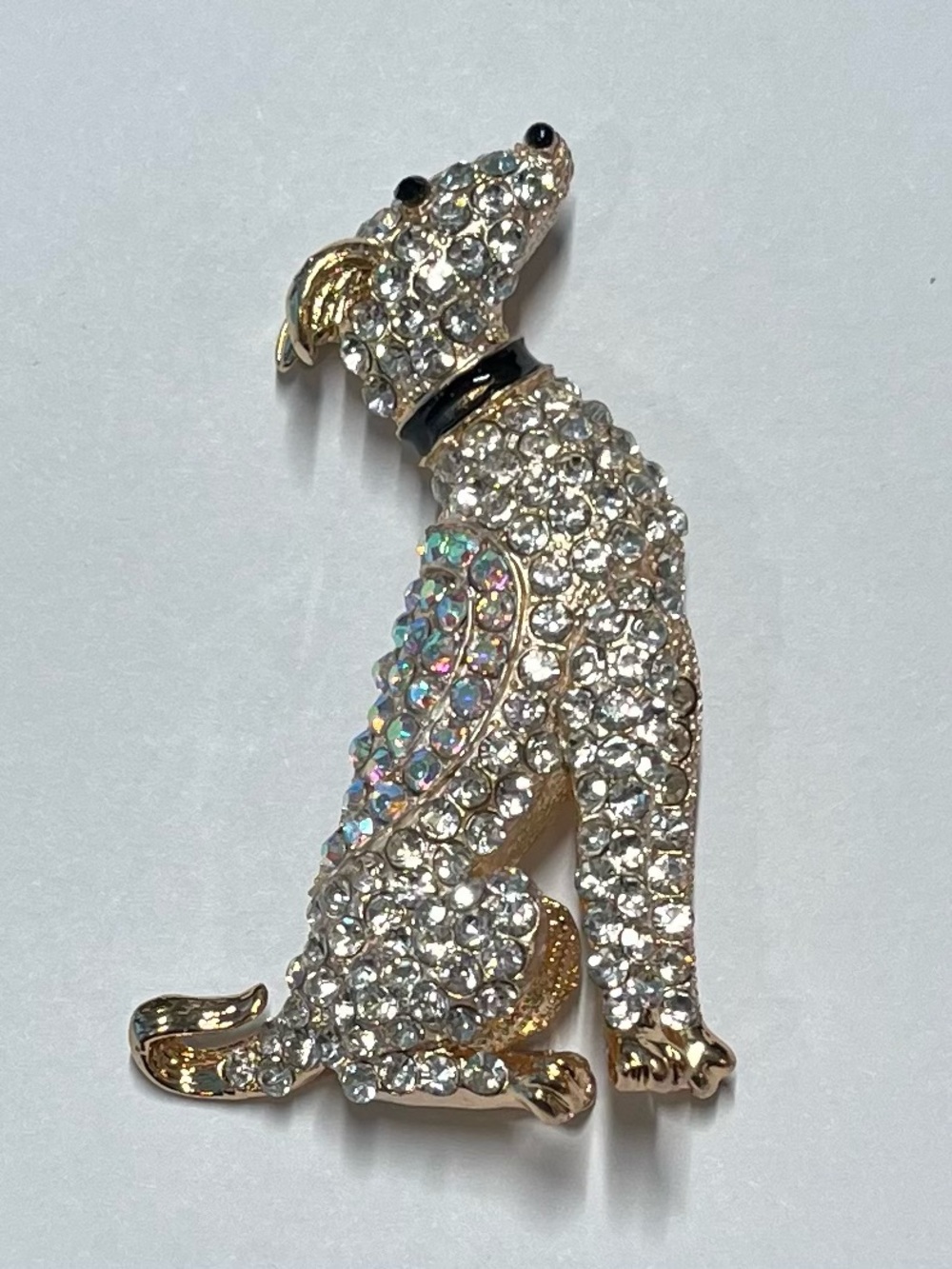 Crystal Rhinestone Dog Brooch - Gold Tone Clear Black Collar